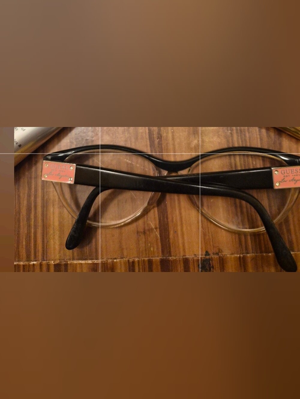 Guess Black Frame Glasses with Clear Lenses and Rose-Gold Temple Plaques
